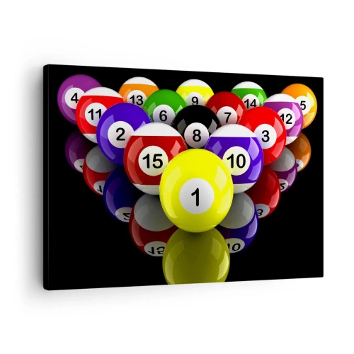 Bild auf Leinwand - Leinwandbild - Bunte Billardkugeln in einem Dreieck auf schwarzem Hintergrund angeordnet - 70x50cm - Verschiedene Spielfarben - Moderne Wanddekoration für Wohnzimmer und Schlafzimmer ARTTOR