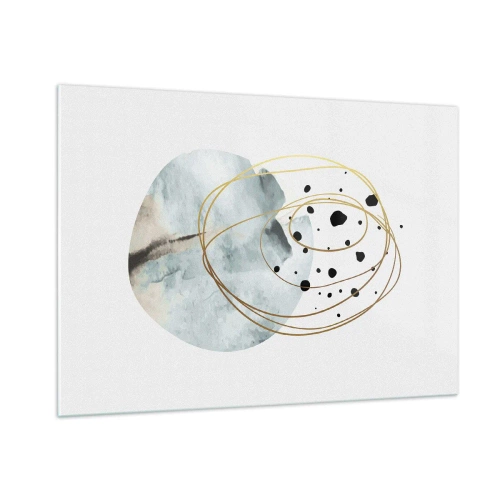 Glasbild - Bild auf glas - Abstrakte Komposition mit blauem Fleck und goldenen Linien - 100x70cm - Vom Weltraum umarmt - Moderne Wanddekoration für Wohnzimmer und Schlafzimmer ARTTOR