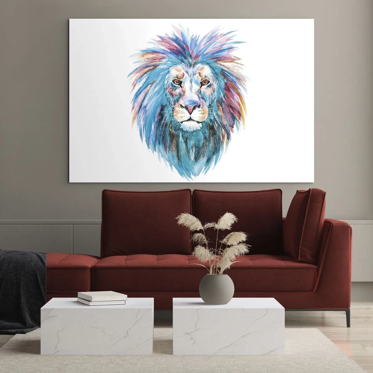 Glasbild - Bild auf glas - Farbenfrohes Porträt eines Löwen im künstlerischen Stil - 70x50cm - Eine elektrisierende Aura - Moderne Wanddekoration für Wohnzimmer und Schlafzimmer ARTTOR