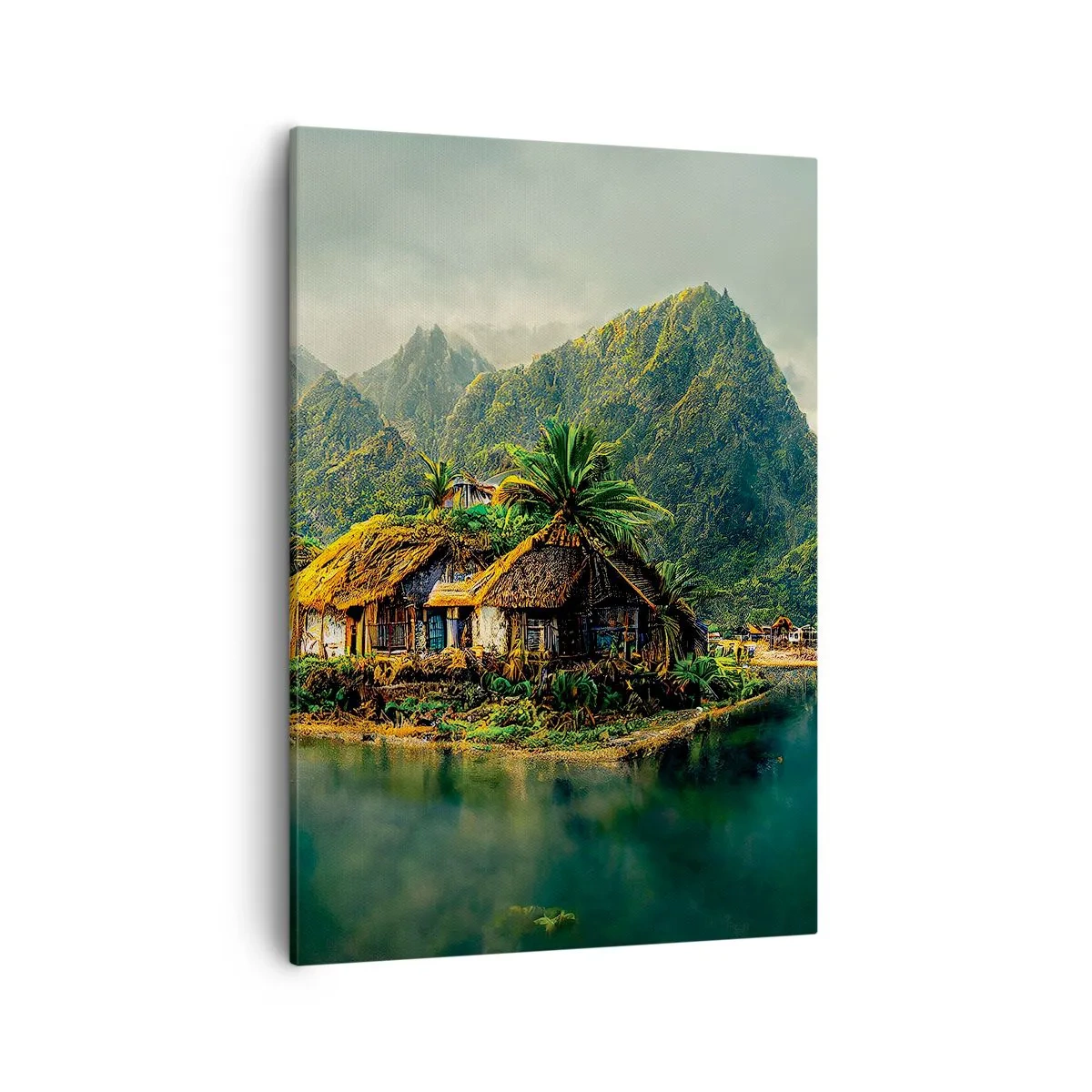 Bild auf Leinwand - Leinwandbild - Eine tropische Insel mit Palmen und Bergen im Hintergrund - 50x70cm - Tropisches Paradies - Moderne Wanddekoration für Wohnzimmer und Schlafzimmer ARTTOR