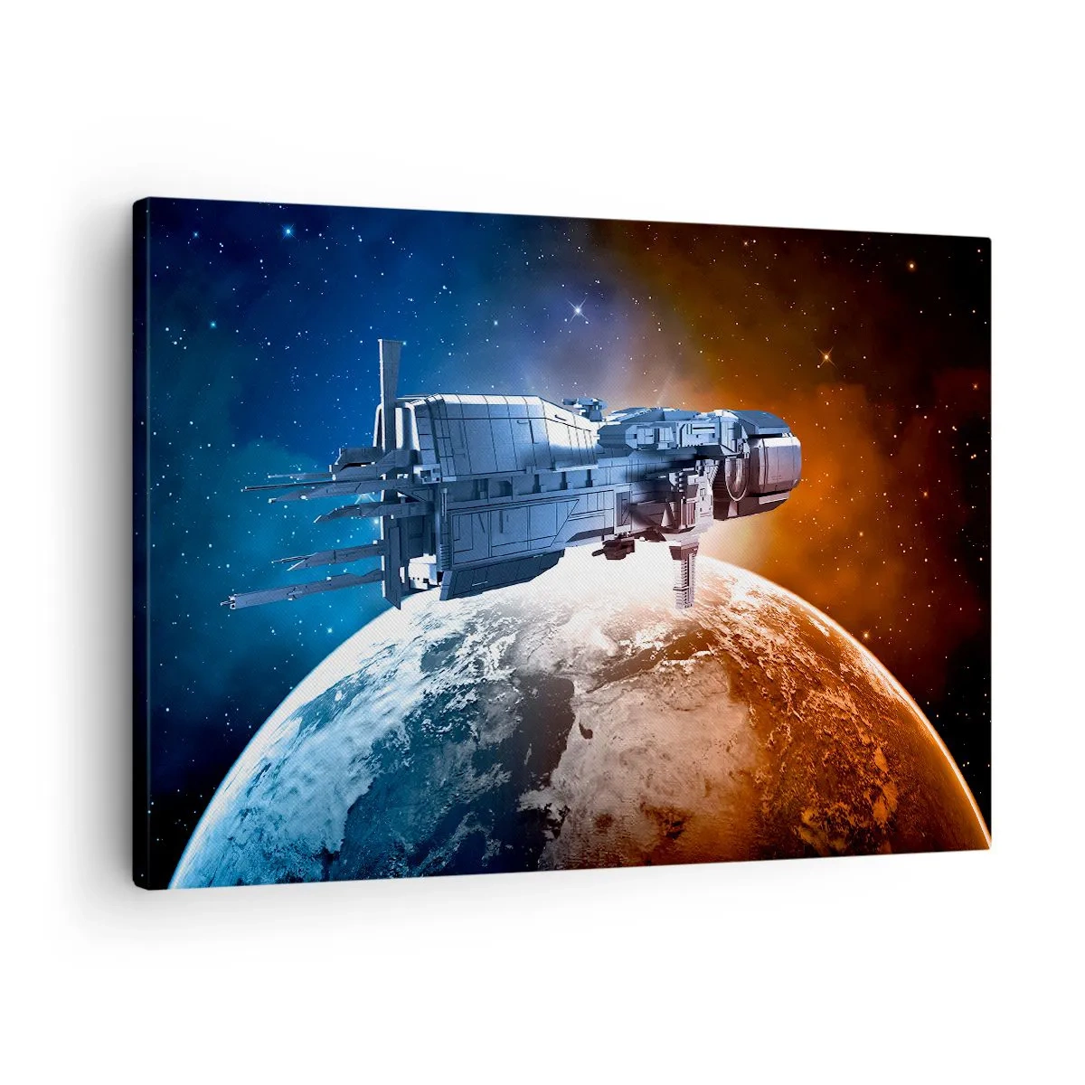 Bild auf Leinwand - Leinwandbild - Ein Raumschiff vor dem Hintergrund eines Planeten im Weltraum - 70x50cm - Ein aufmerksamer Beobachter - Moderne Wanddekoration für Wohnzimmer und Schlafzimmer ARTTOR