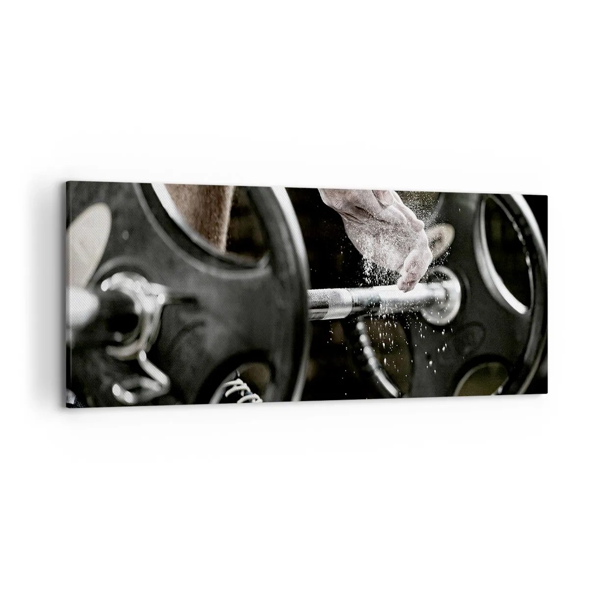 Bild auf Leinwand - Leinwandbild - Hanteln und die Hände eines Sportlers bereiten sich auf das Training vor - 120x50cm - Herausforderung angenommen! - Moderne Wanddekoration für Wohnzimmer und Schlafzimmer ARTTOR