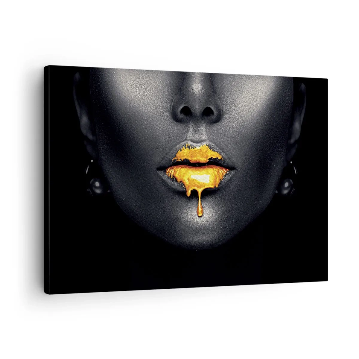Bild auf Leinwand - Leinwandbild - Schwarz-goldenes Porträt einer Frau mit einem Tropfen Gold auf den Lippen - 70x50cm - Goldmaul - Moderne Wanddekoration für Wohnzimmer und Schlafzimmer ARTTOR