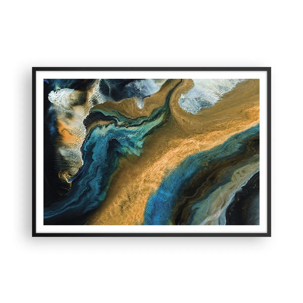 Poster in einem schwarzem Rahmen - Abstrakte Wellen in Gold- und Blautönen - 100x70cm - Blau - Gelb - gegenseitige Beeinflussung - Moderne Wanddekoration für Wohnzimmer und Schlafzimmer ARTTOR