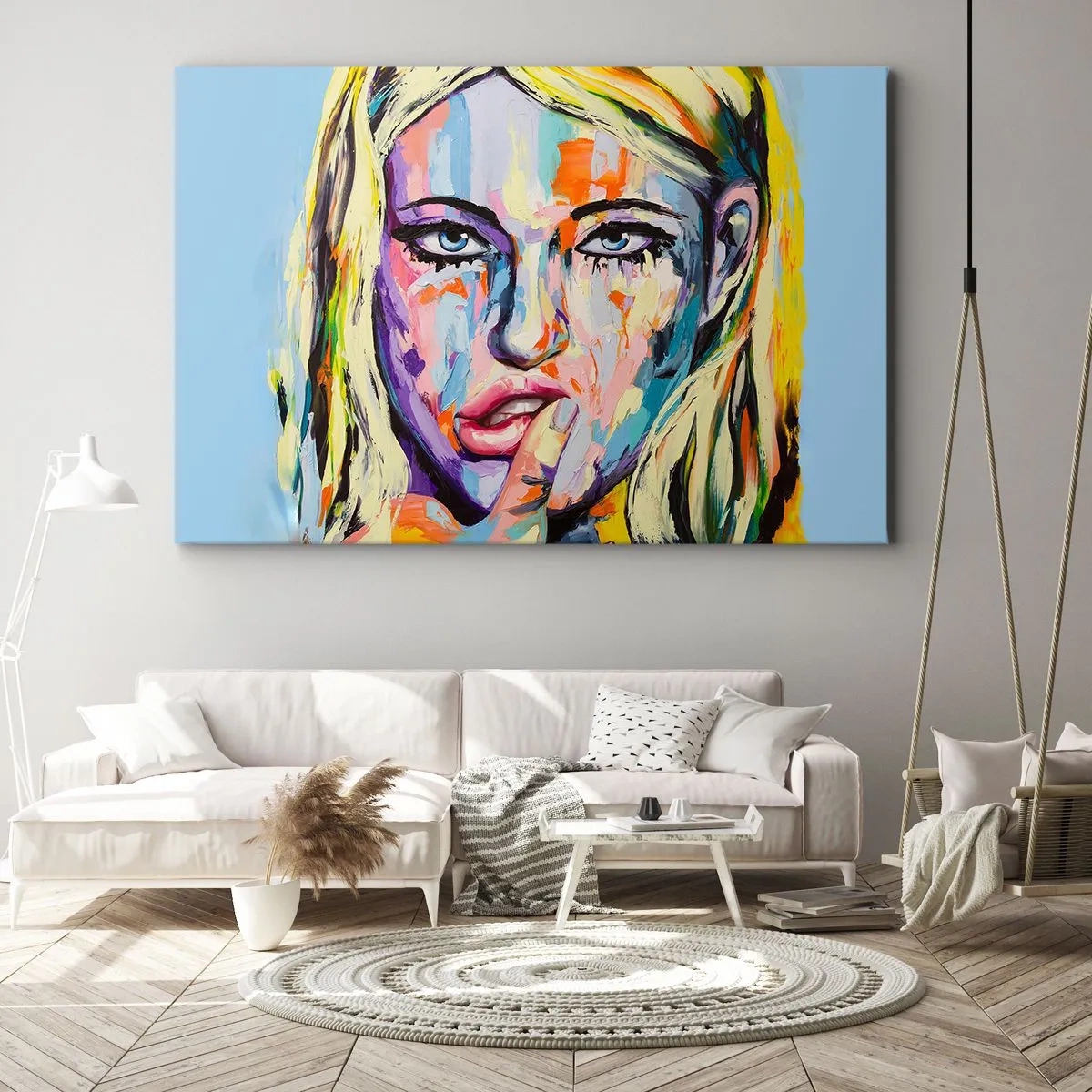 Bild auf Leinwand - Leinwandbild - Farbenfrohes Porträt einer Frau im abstrakten Stil - 120x80cm - Schau ihr direkt in die Augen - Moderne Wanddekoration für Wohnzimmer und Schlafzimmer ARTTOR