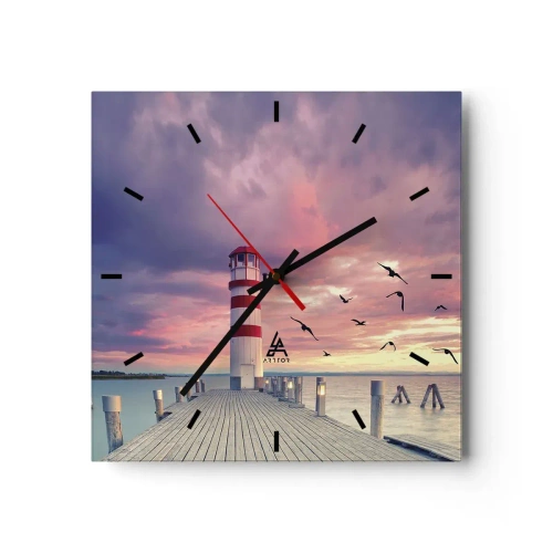 Wanduhr - Glasuhr - Ein Leuchtturm auf dem Pier, umgeben von einem malerischen Sonnenuntergang - 30x30cm - Es ist Zeit zum Hafen zu gehen - Moderne Wanddekoration für Wohnzimmer und Schlafzimmer ARTTOR
