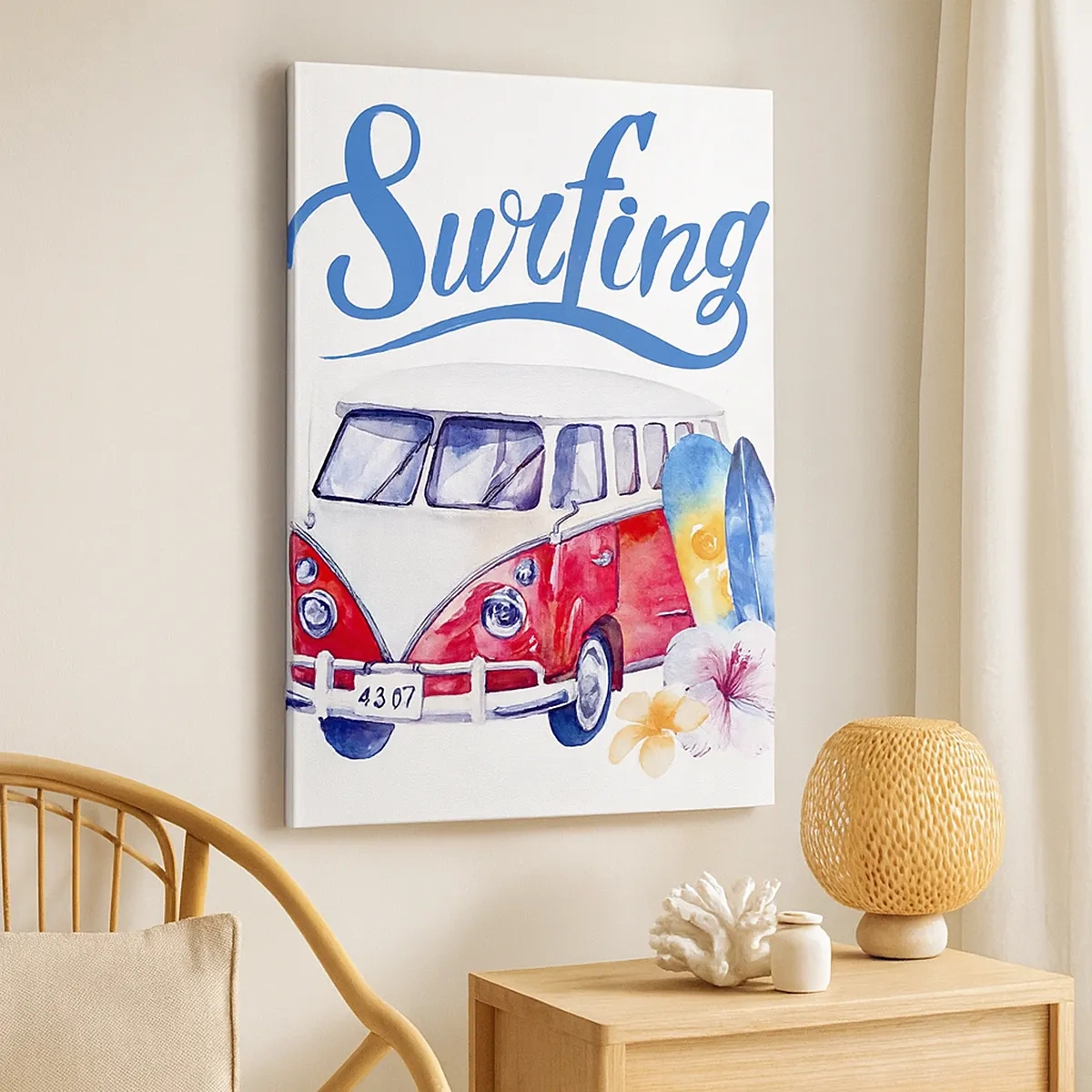 Bild auf Leinwand - Leinwandbild - Bunte Grafiken mit einem Bus und einem Surfthema - 50x70cm - Gurke - ein Klassiker für einen Surfer - Moderne Wanddekoration für Wohnzimmer und Schlafzimmer ARTTOR