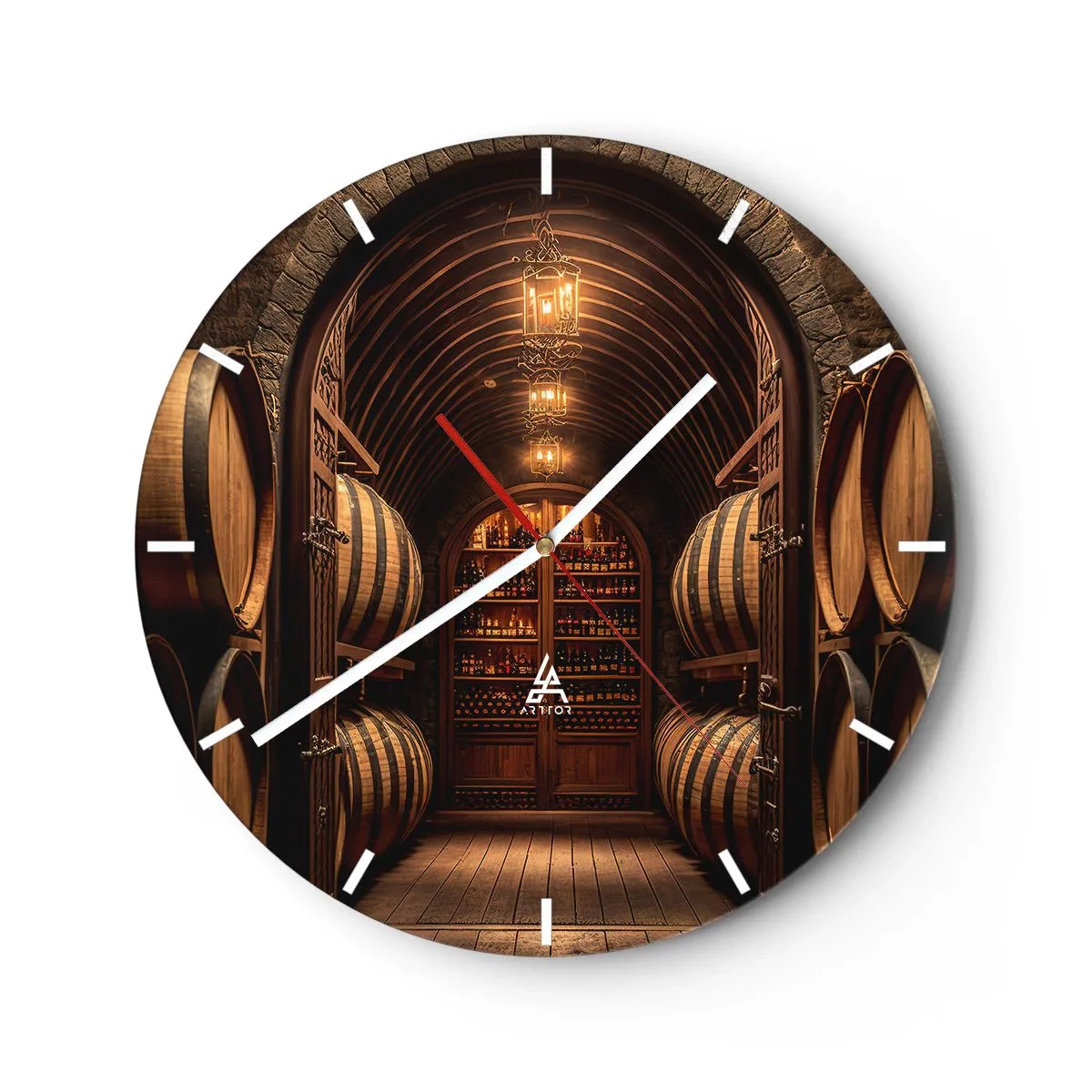 Wanduhr - Glasuhr - Holzfässer in einem beleuchteten Weinkeller - 30x30cm - Stimmungsvoller Keller - Moderne Wanddekoration für Wohnzimmer, Küche und Schlafzimmer ARTTOR