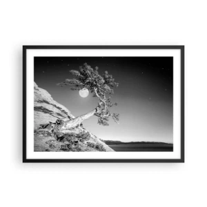Poster in einem schwarzem Rahmen - Schwarz-weißer Baum auf einer Klippe mit dem Mond im Hintergrund - 70x50cm - Siegreiche Kämpferin - Moderne Wanddekoration für Wohnzimmer und Schlafzimmer ARTTOR