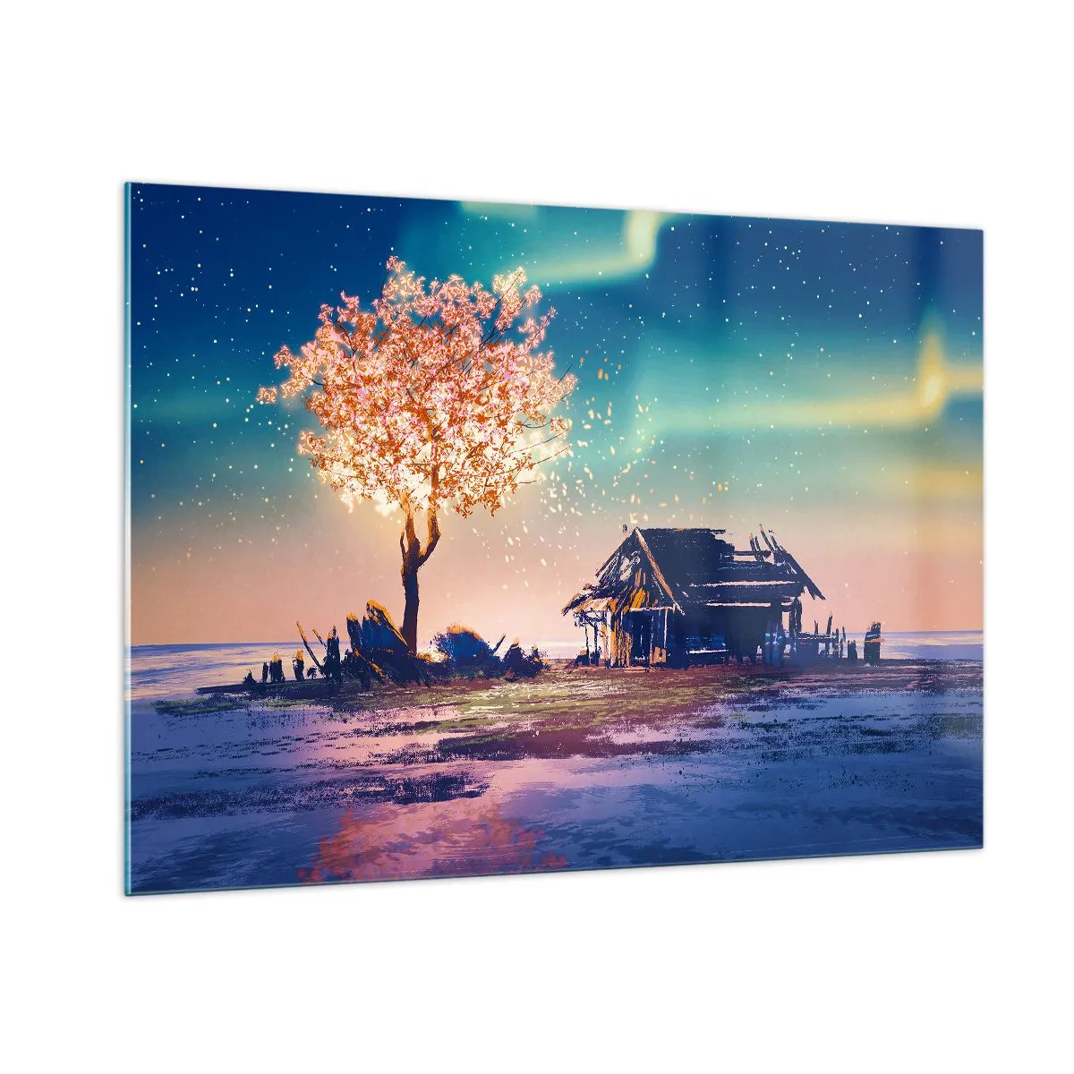 Glasbild - Bild auf glas - Eine zauberhafte Landschaft mit einem blühenden Baum und einem Häuschen - 100x70cm - Die Natur vergeht nicht - Moderne Wanddekoration für Wohnzimmer und Schlafzimmer ARTTOR