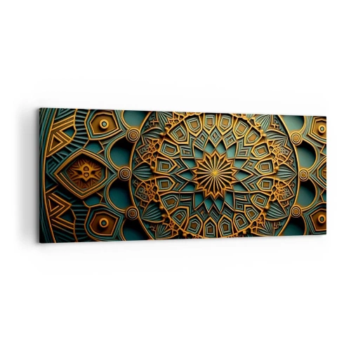 Bild auf Leinwand - Leinwandbild - Ein goldenes Mandala auf türkisfarbenem Hintergrund mit vielen Details. - 120x50cm - In arabischer Atmosphäre - Moderne Wanddekoration für Wohnzimmer und Schlafzimmer ARTTOR