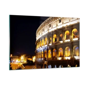 Glasbild - Bild auf glas - Das Kolosseum bei Nacht mit beleuchteten Bögen - 120x80cm - Es ist Zeit, die Spiele zu beginnen - Moderne Wanddekoration für Wohnzimmer und Schlafzimmer ARTTOR