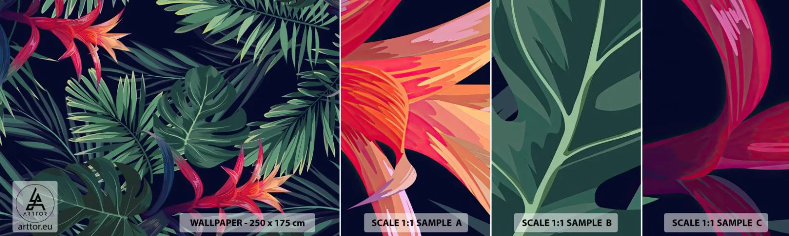 Fototapeten Muster Selbstklebend Deluxe Sticker - Im Grünen in Flammen gehen - Blumen, Tropische Pflanze, Palmenblätter - 100x30 cm