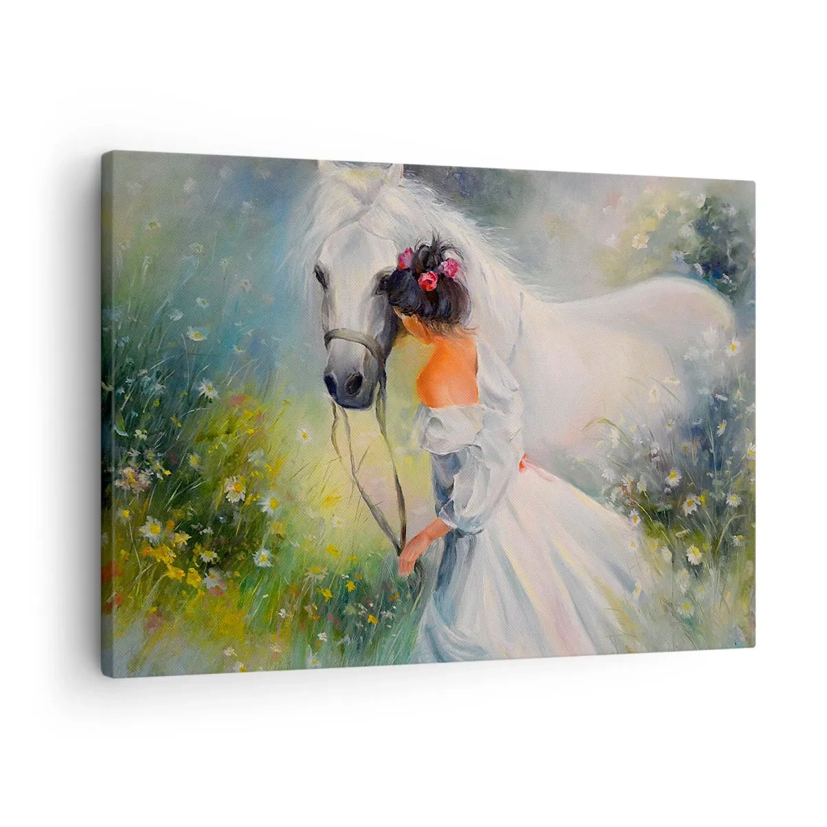 Bild auf Leinwand - Leinwandbild - Eine Frau mit einem weißen Pferd in einer malerischen Umgebung - 70x50cm - Wie aus einem schönen Traum - Moderne Wanddekoration für Wohnzimmer und Schlafzimmer ARTTOR