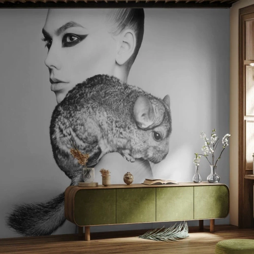 Maßgeschneiderte Fototapete Premium Canvas - Dame mit einem Chinchilla - Frau, Frau mit Chinchilla, Modell