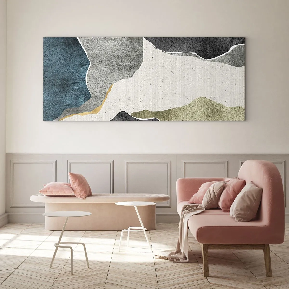 Glasbild - Bild auf glas - Geometrische Formen in Grau-, Grün- und Goldtönen - 140x50cm - Mosaikkomposition mit Goldfaden - Moderne Wanddekoration für Wohnzimmer und Schlafzimmer ARTTOR