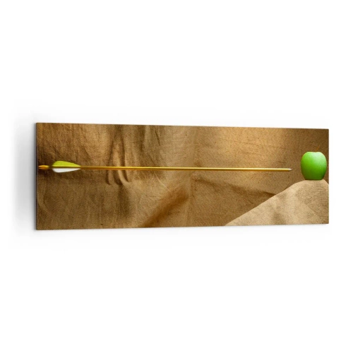 Bild auf Leinwand - Leinwandbild - Grüner Apfel auf Stoff mit einem Pfeil, der eine Komposition ergibt - 160x50cm - Beschwöre den Geist von Wilhelm Tell - Moderne Wanddekoration für Wohnzimmer und Schlafzimmer ARTTOR