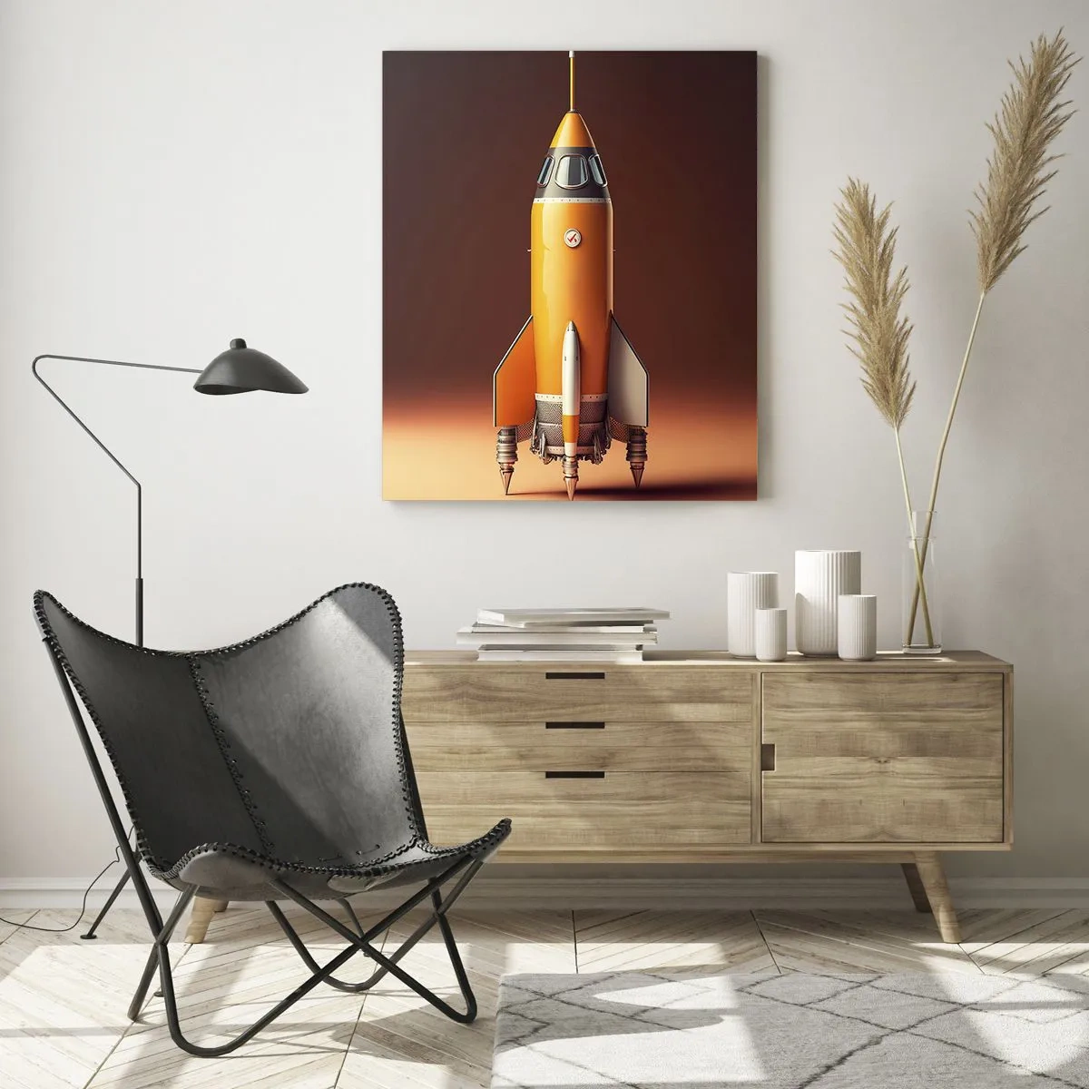 Glasbild - Bild auf glas - Eine orangefarbene Rakete vor einem sanften hellen Hintergrund - 50x70cm - Es beginnt mit einem Traum - Moderne Wanddekoration für Wohnzimmer und Schlafzimmer ARTTOR