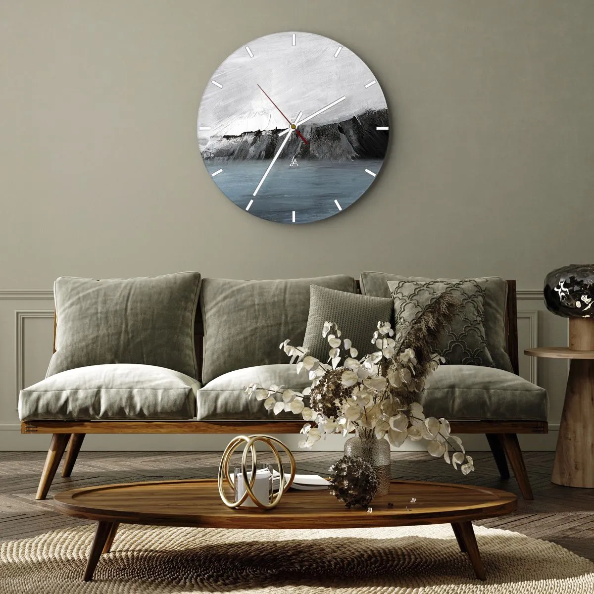 Wanduhr - Glasuhr - Ein künstlerischer Zusammenprall von Weiß, Schwarz und Blau in Form einer Landschaft. - 30x30cm - Wasser – Erde: Kampf der Naturelemente - Moderne Wanddekoration für Wohnzimmer, Küche und Schlafzimmer ARTTOR