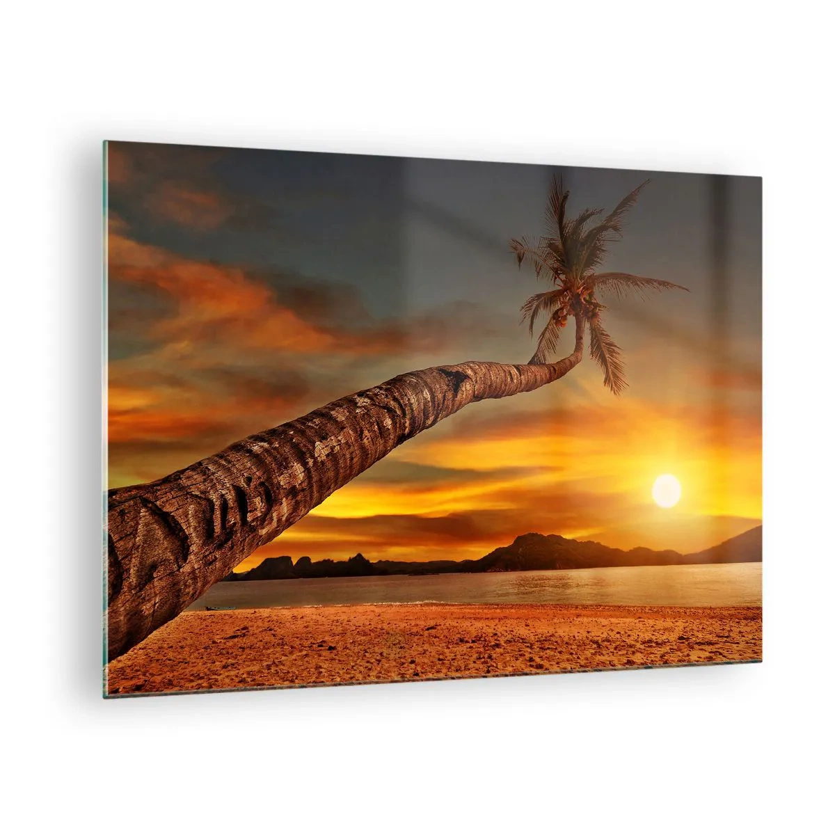 Glasbild - Bild auf glas - Palme an einem tropischen Strand bei Sonnenuntergang - 70x50cm - Exotischer Urlaub, karibisches Abenteuer - Moderne Wanddekoration für Wohnzimmer und Schlafzimmer ARTTOR