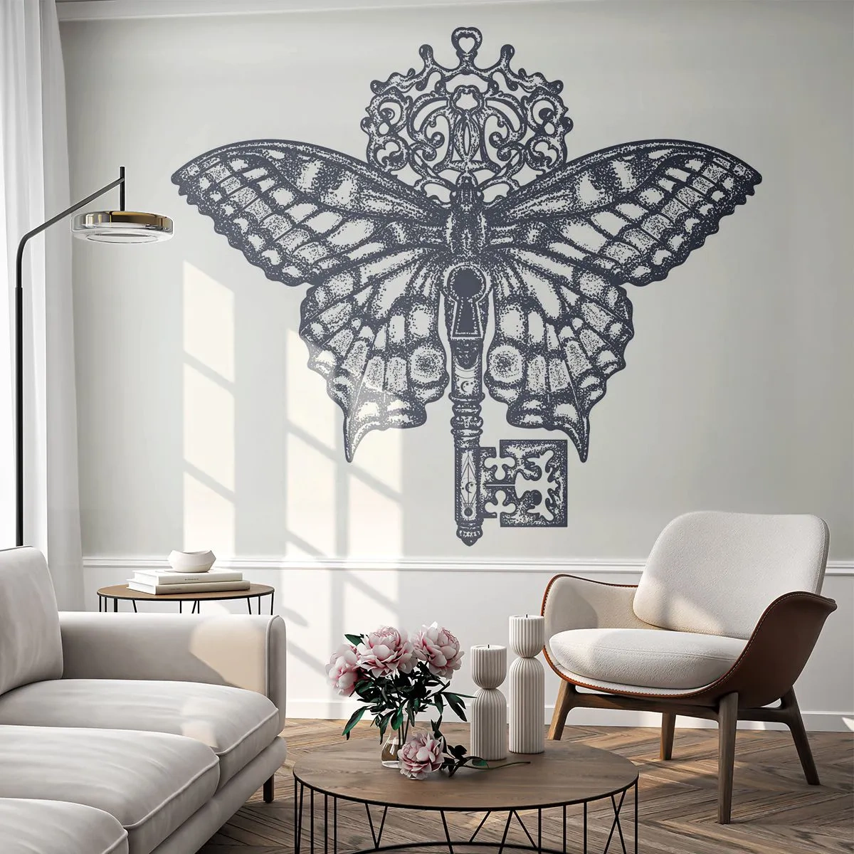 Fototapete Premium Sand - Stilisierter Schmetterling mit Schlüssel in einem monochromen Muster - 100x70cm - Alle Geheimnisse des Herzens - Moderne Wanddekoration für Wohnzimmer und Schlafzimmer ARTTOR