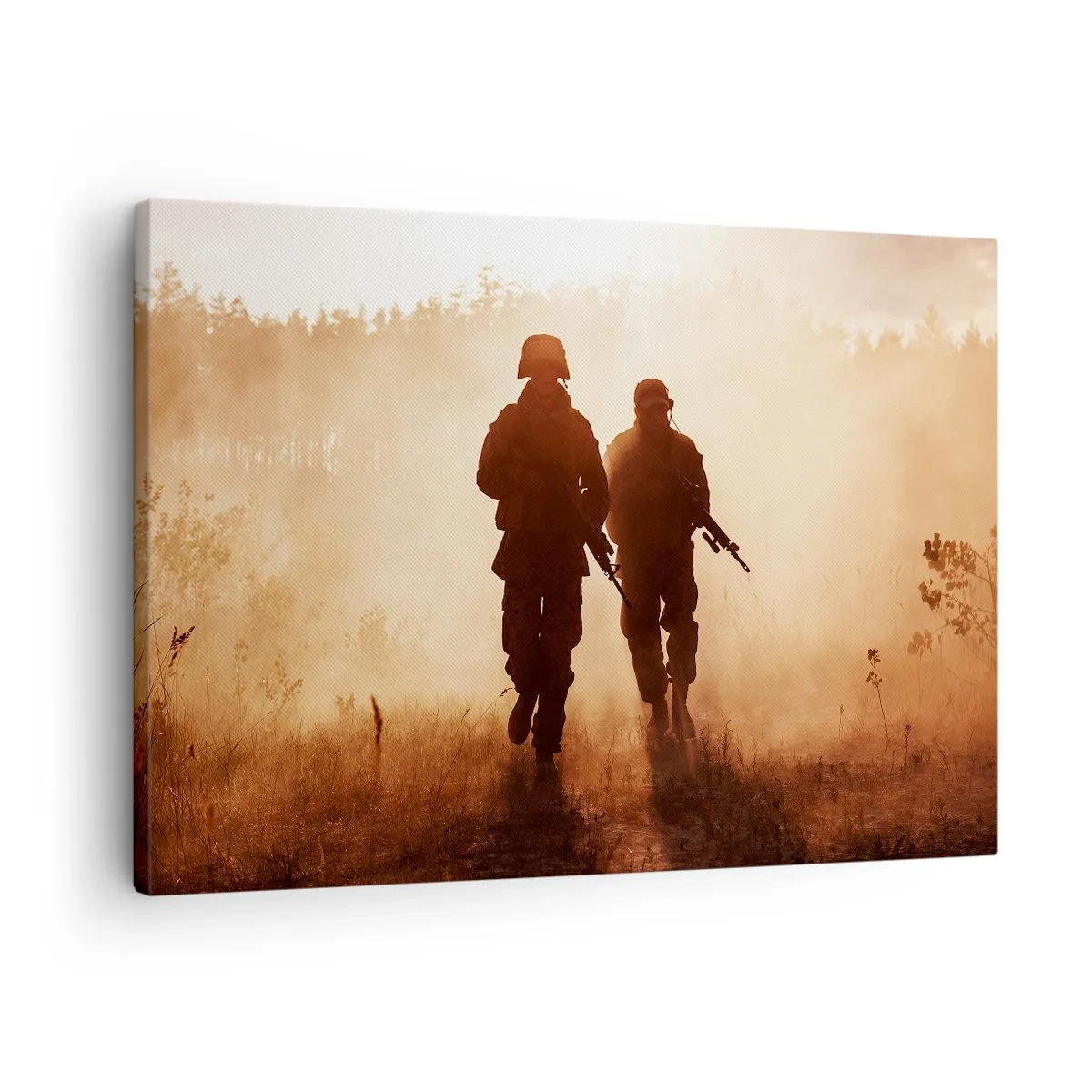 Bild auf Leinwand - Leinwandbild - Soldaten marschieren im Morgennebel vor der Kulisse der Natur - 70x50cm - Ruf der Pflicht - Moderne Wanddekoration für Wohnzimmer und Schlafzimmer ARTTOR