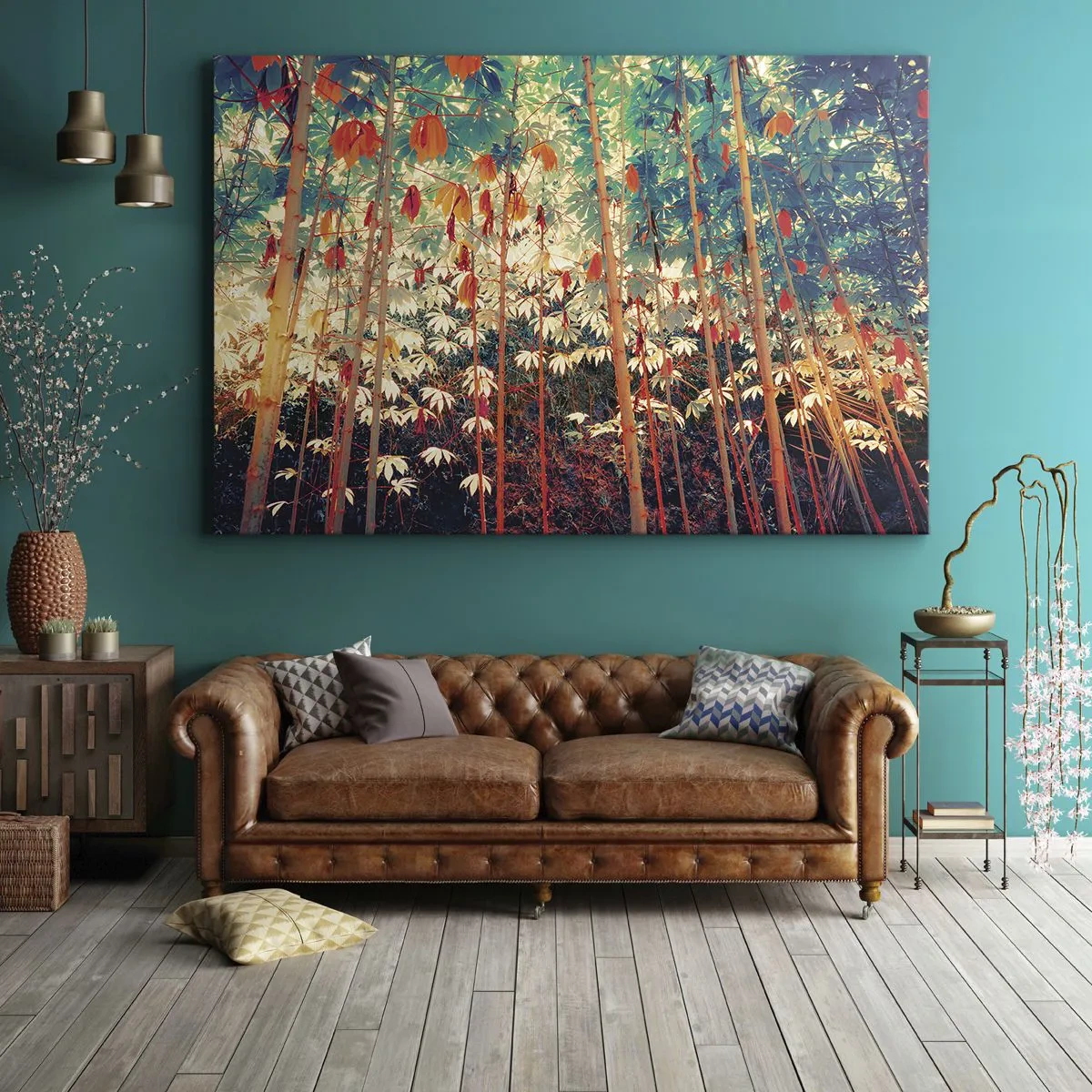Bild auf Leinwand - Leinwandbild - Ein bunter Bambuswald mit intensiven Farben - 70x50cm - Das geheime Leben der Blätter - Moderne Wanddekoration für Wohnzimmer und Schlafzimmer ARTTOR