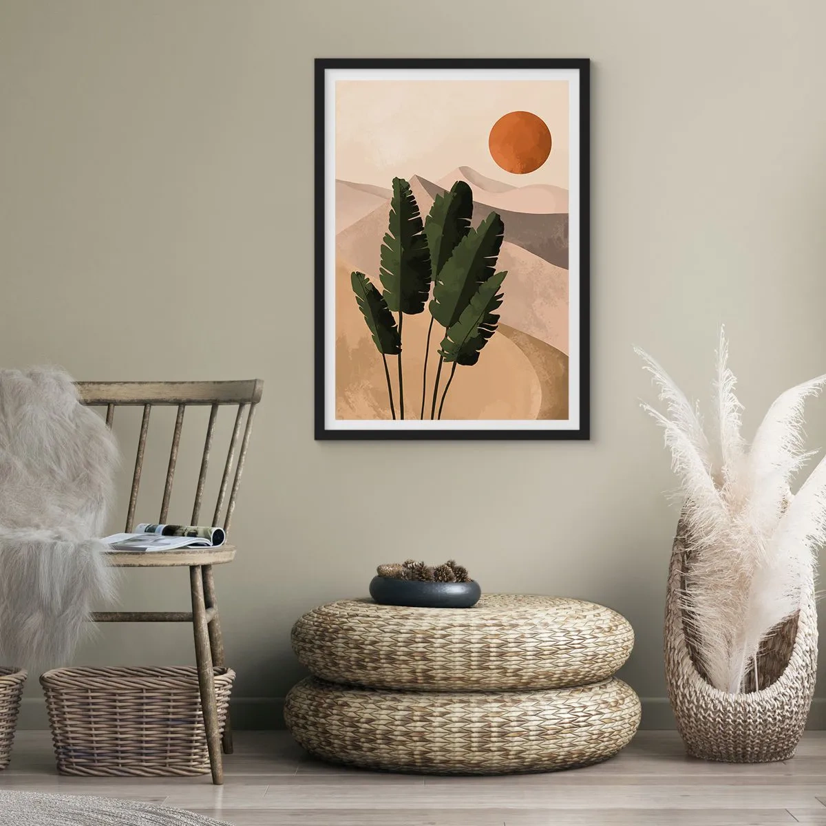 Poster in einem schwarzem Rahmen - Pflanzen in einer Wüstenlandschaft mit Sonnenuntergang, abstrakte Landschaft - 50x70cm - Der Triumph des Lebens - Moderne Wanddekoration für Wohnzimmer und Schlafzimmer ARTTOR