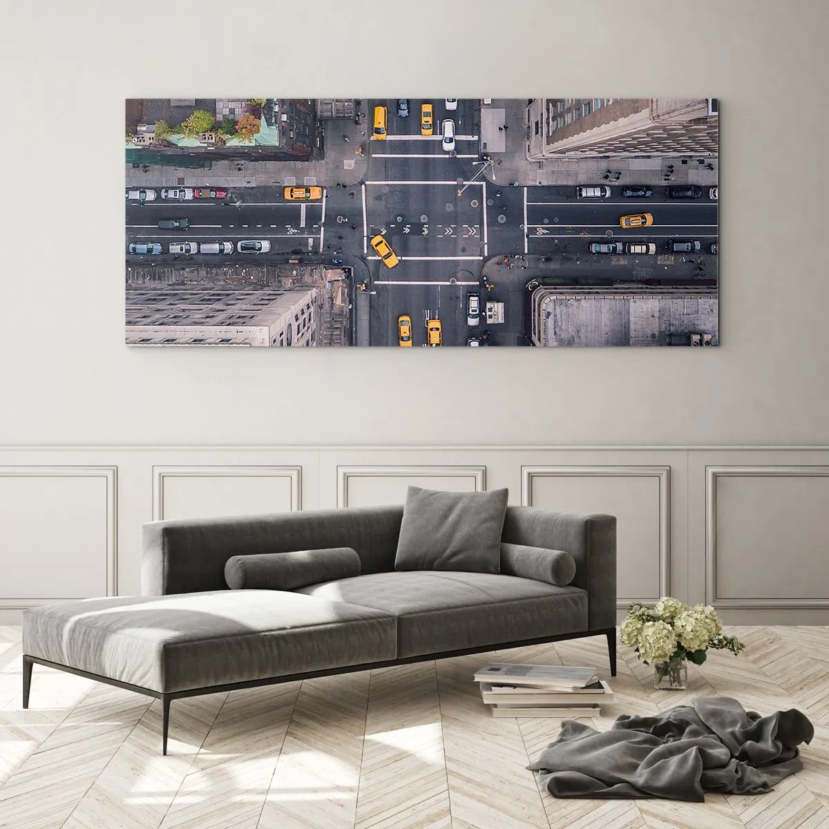 Glasbild - Bild auf glas - Luftaufnahme einer belebten Stadtstraße - 140x50cm - Eine einfache Wahl - Moderne Wanddekoration für Wohnzimmer und Schlafzimmer ARTTOR