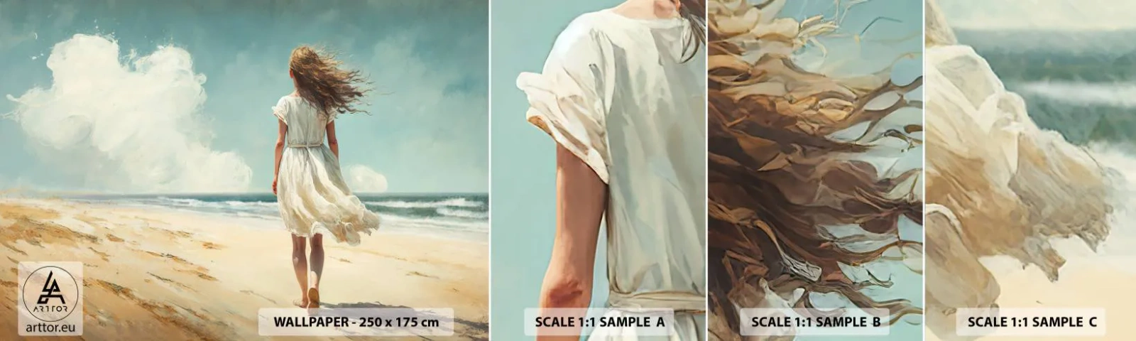 Fototapetenmuster Standard Eco - Der Sonne und dem Wind begegnen - Mädchen, Strand, Gehen - 100x30 cm