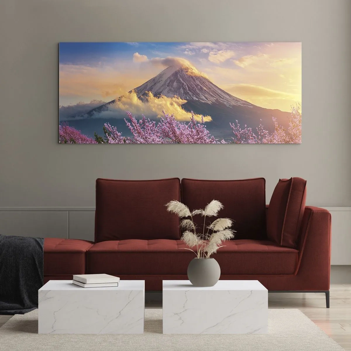 Glasbild - Bild auf glas - Mount Fuji mit Kirschblüten im Hintergrund bei Sonnenuntergang - 140x50cm - Japanische Heiligkeit - Moderne Wanddekoration für Wohnzimmer und Schlafzimmer ARTTOR