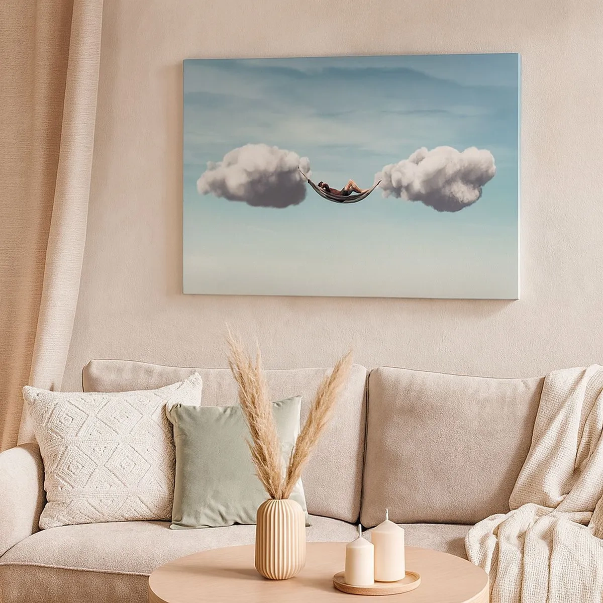 Bild auf Leinwand - Leinwandbild - Eine Person entspannt in einer Hängematte in den Wolken - 70x50cm - Die Behaglichkeit des Augenblicks - Moderne Wanddekoration für Wohnzimmer und Schlafzimmer ARTTOR