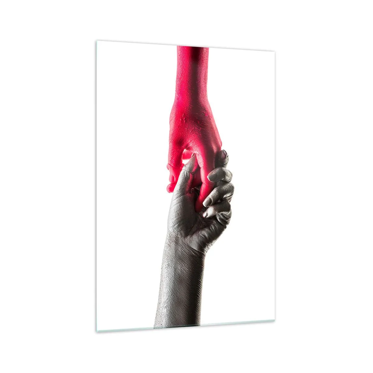 Glasbild - Bild auf glas - Symbolische Hände in Silber und Rot - 70x100cm - Gemeinsam, obwohl anders - Moderne Wanddekoration für Wohnzimmer und Schlafzimmer ARTTOR
