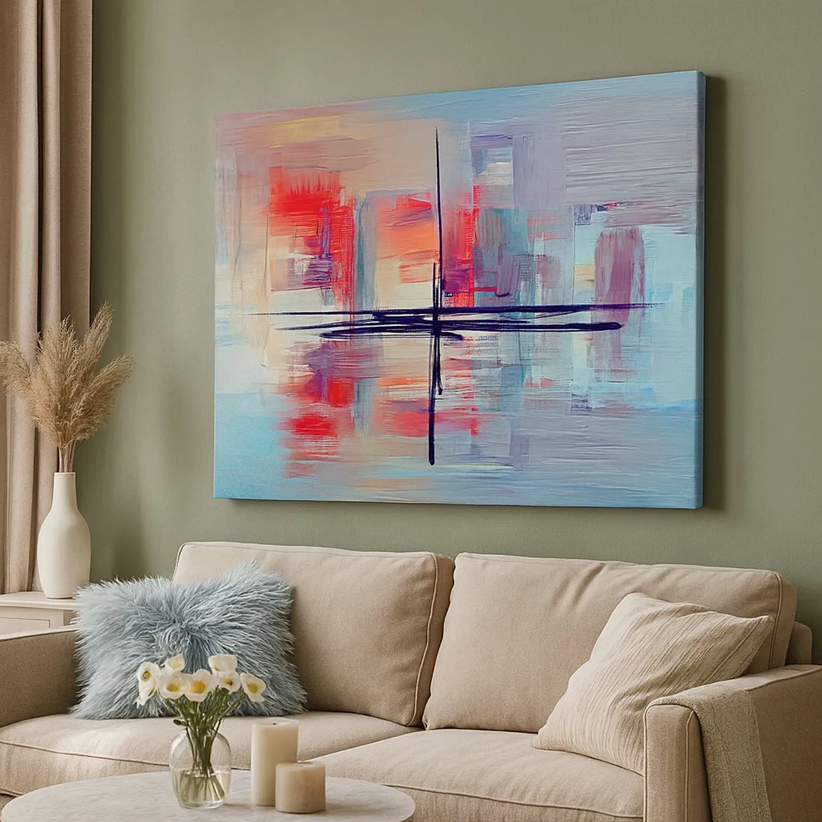 Bild auf Leinwand - Leinwandbild - Eine abstrakte Komposition mit intensiven Farben, Linien und geometrischen Formen. - 70x50cm - Landschaft in einer unbekannten Dimension - Moderne Wanddekoration für Wohnzimmer und Schlafzimmer ARTTOR