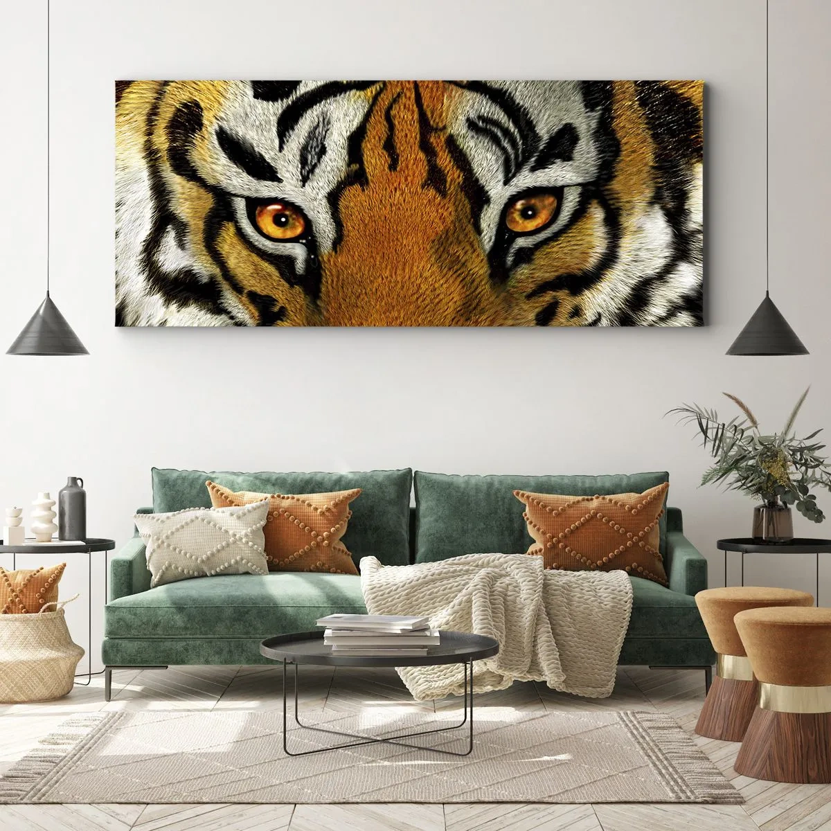Bild auf Leinwand - Leinwandbild - Nahaufnahme eines Tigers mit intensivem Blick - 120x50cm - Schrecklich und schön - Moderne Wanddekoration für Wohnzimmer und Schlafzimmer ARTTOR
