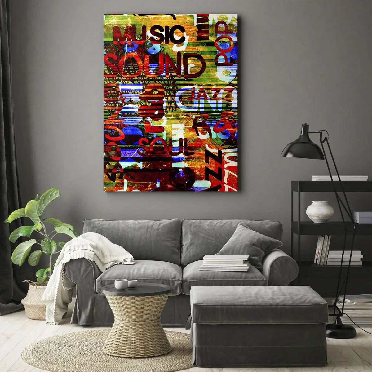 Bild auf Leinwand - Leinwandbild - Bunte Abstraktion mit Musikinschriften im Pop-Art-Stil - 80x120cm - Alle Farben des Klangs - Moderne Wanddekoration für Wohnzimmer und Schlafzimmer ARTTOR