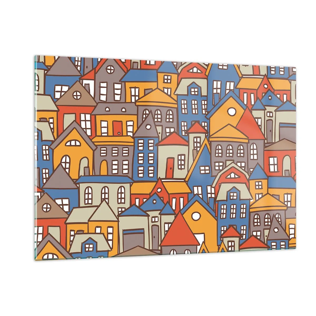 Glasbild - Bild auf glas - Bunte Häuser im grafischen Stil schaffen eine fröhliche Landschaft - 120x80cm - Hinter dem Haus ist das Haus - Moderne Wanddekoration für Wohnzimmer und Schlafzimmer ARTTOR