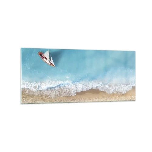 Glasbild - Bild auf glas - Eine Vogelperspektive auf ein Boot am Strand - 120x50cm - An der Grenze von Blau und Gold - Moderne Wanddekoration für Wohnzimmer und Schlafzimmer ARTTOR