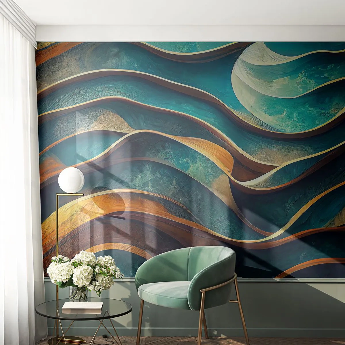Fototapete Premium Sand - Blaue Mäander - Wellen, Abstraktion, Dreidimensional - 450x315 cm
