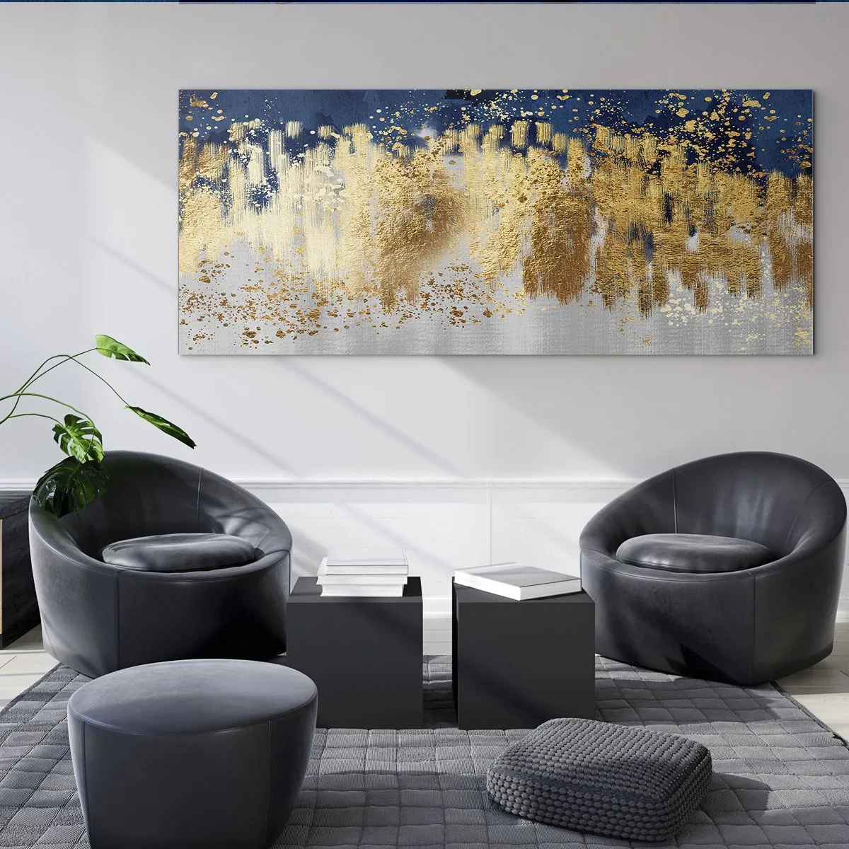 Glasbild - Bild auf glas - Eine abstrakte Komposition in Gold- und Marineblautönen. - 160x50cm - Moderne Komposition mit Glanz - Moderne Wanddekoration für Wohnzimmer und Schlafzimmer ARTTOR