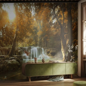 Selbstklebende Fototapete Deluxe Sticker - Parkkaskade - Landschaft, Wasserfall, Wald - 500x350 cm