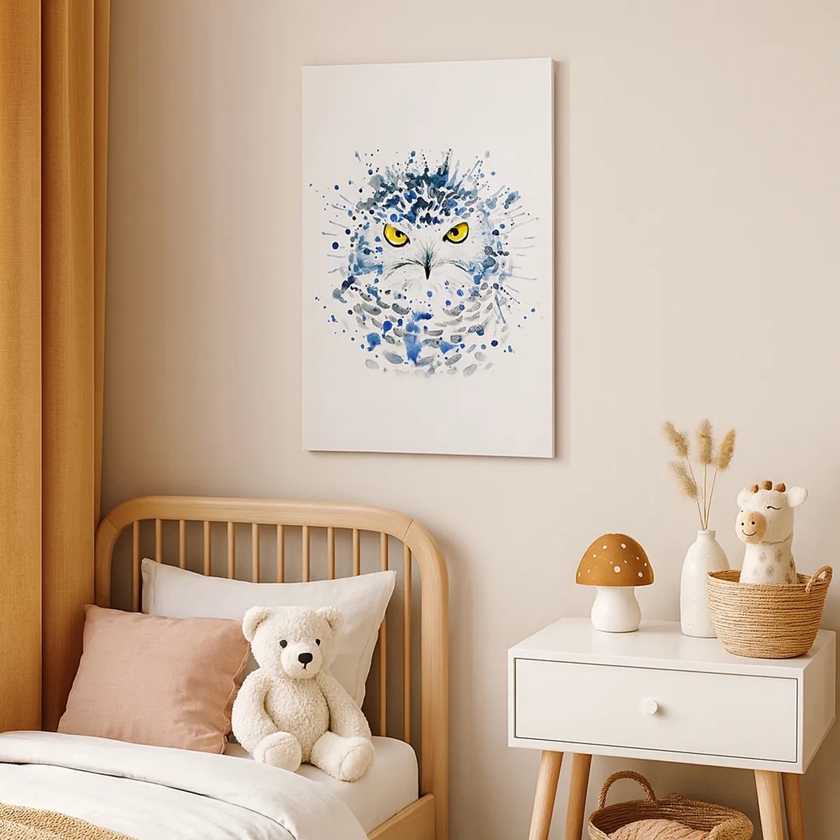 Bild auf Leinwand - Leinwandbild - Abstraktes Porträt einer Eule in blauen und gelben Farben - 50x70cm - Direkt in die Augen - Moderne Wanddekoration für Wohnzimmer und Schlafzimmer ARTTOR