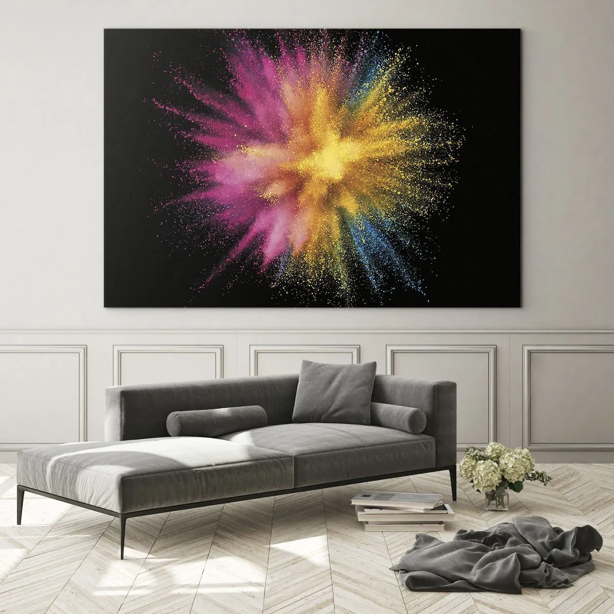 Glasbild - Bild auf glas - Bunte Pulverexplosion auf schwarzem Hintergrund - 70x50cm - Die Geburt der Farben - Moderne Wanddekoration für Wohnzimmer und Schlafzimmer ARTTOR