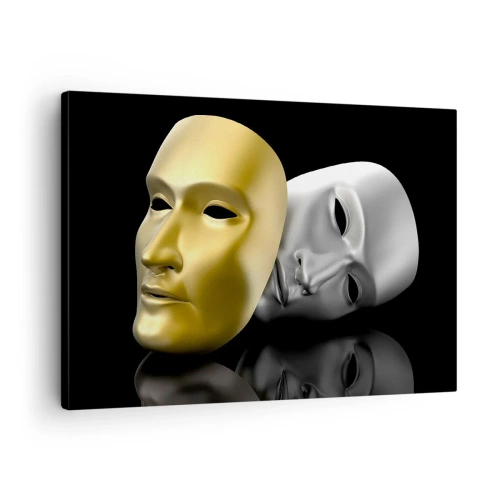 Bild auf Leinwand - Leinwandbild - Gold- und Silbermaske auf schwarzem Hintergrund - 70x50cm - Das Leben ist wie ein Theater - Moderne Wanddekoration für Wohnzimmer und Schlafzimmer ARTTOR