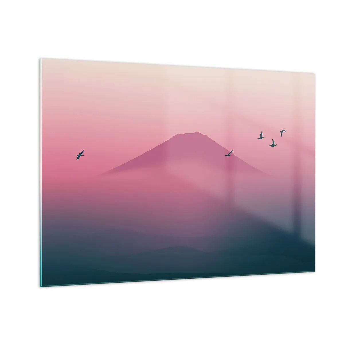 Glasbild - Bild auf glas - Eine minimalistische Landschaft mit einem Berg und Vögeln in Pastellfarben. - 100x70cm - Wanderer über den Wolken - Moderne Wanddekoration für Wohnzimmer und Schlafzimmer ARTTOR