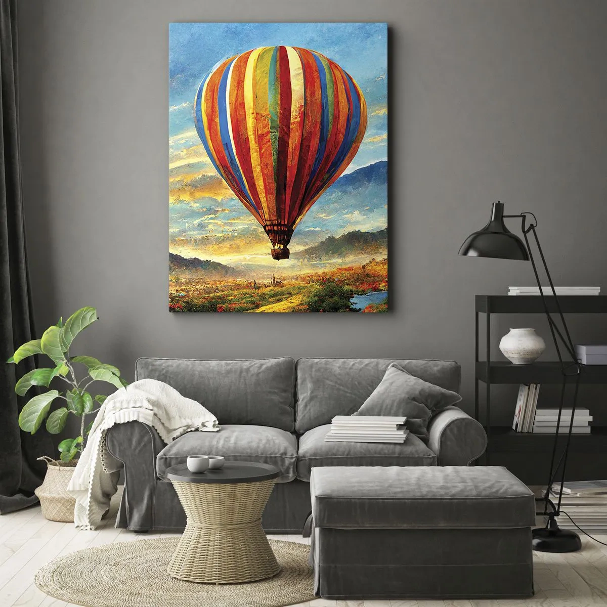 Bild auf Leinwand - Leinwandbild - Ein bunter Ballon über einer malerischen Landschaft - 70x100cm - In der Stille sieht man mehr - Moderne Wanddekoration für Wohnzimmer und Schlafzimmer ARTTOR