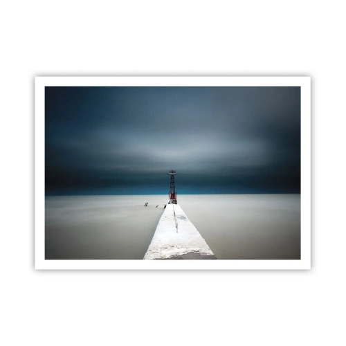 Poster - Ein Leuchtturm am Ende eines Betonpfeilers in einer kargen Landschaft - 100x70cm - Um der Weite zu begegnen - Moderne Wanddekoration für Wohnzimmer und Schlafzimmer ARTTOR