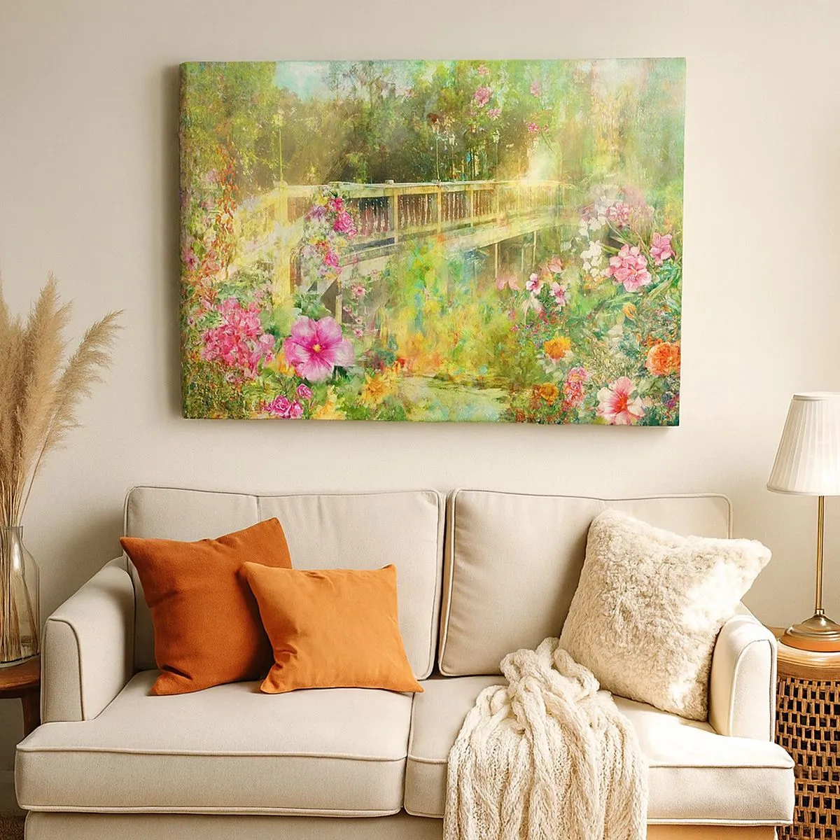 Bild auf Leinwand - Leinwandbild - Eine Brücke umgeben von üppiger Vegetation und Blumen - 70x50cm - Eine Brücke aus Frühlingsseufzern - Moderne Wanddekoration für Wohnzimmer und Schlafzimmer ARTTOR