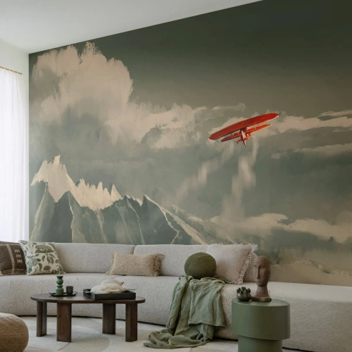 Fototapete Premium Canvas - Furchtloser Pionier - Abstraktion, Flugzeug, Berglandschaft - 250x175 cm