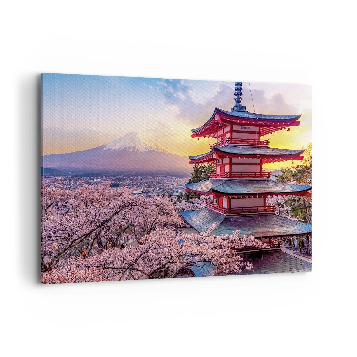 Bild auf Leinwand - Leinwandbild - Eine Pagode in Japan mit Kirschblüten und dem Berg Fuji - 100x70cm - Die Essenz des japanischen Geistes - Moderne Wanddekoration für Wohnzimmer und Schlafzimmer ARTTOR